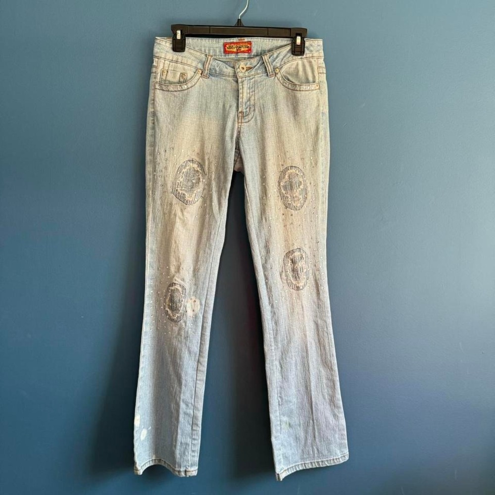 Y2K Low Rise Jeans Women's Size 5 Boom Boom Light Wash Denim Rhinestone‎ Mcbling